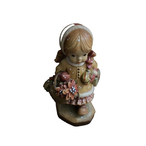 Vtg ANRI Yuletide Cheer Wood Carving Girl & Basket Figurine Signed Christmas - Picture 1 of 13